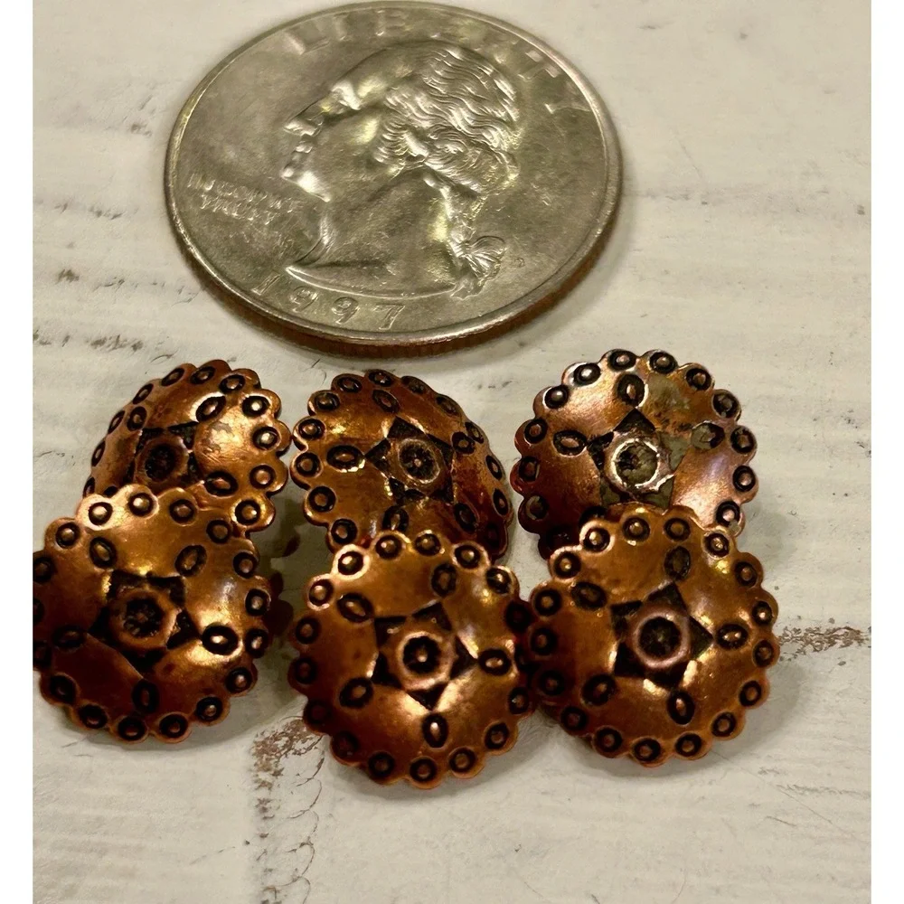 Copper Fluted Sunburst Southwestern Round Stamped Shank Buttons Set 6 Matching